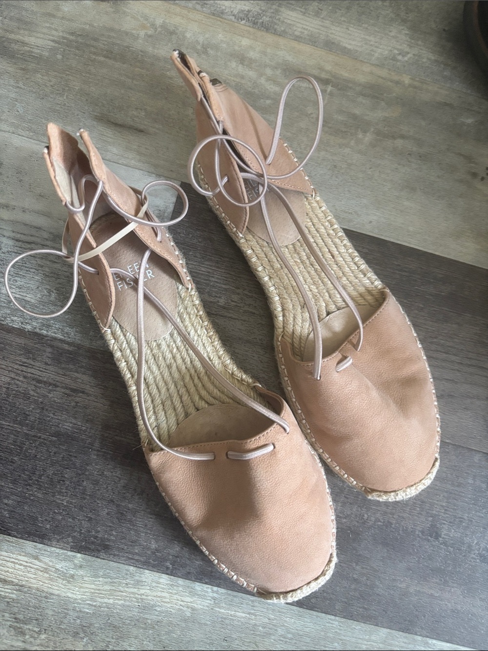 Eileen Fisher Lace Up Espadrille Flat Sandal Womens 8.5 Beige Leather